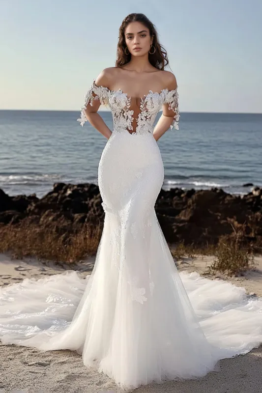 Romantic Ivory Lace Applique Off the Shoulder Tulle Mermaid Wedding Dress with Court Train sold by Zapaka