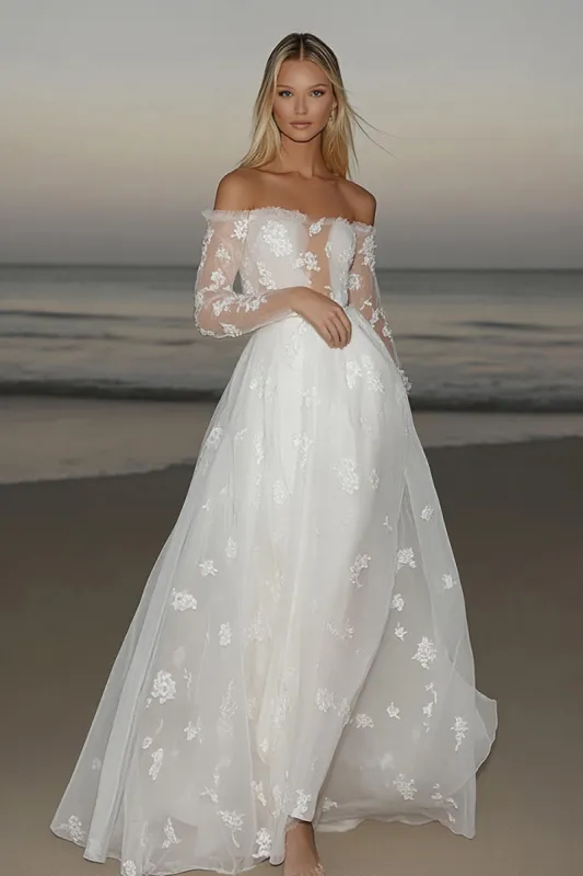 Romantic Ivory A Line Tulle Long Sleeve Wedding Dress with Lace Appliques sold by Zapaka