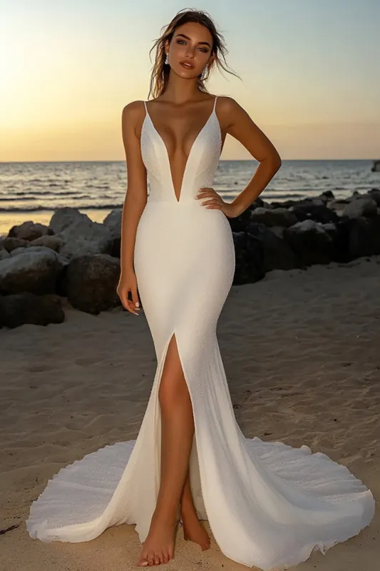 Mermaid Ivory Sequins Spaghetti Straps Wedding Dress sold by Zapaka