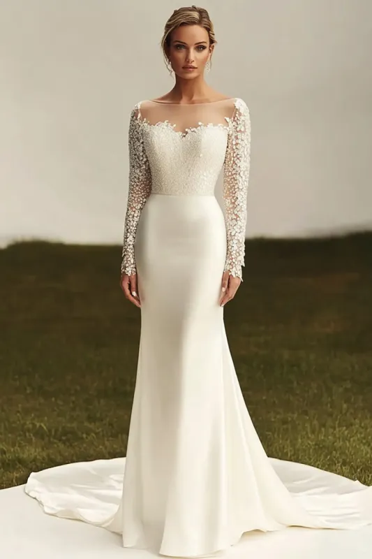 Ivory Sheath Satin Long Sleeve Lace Wedding Dress with Train sold by Zapaka