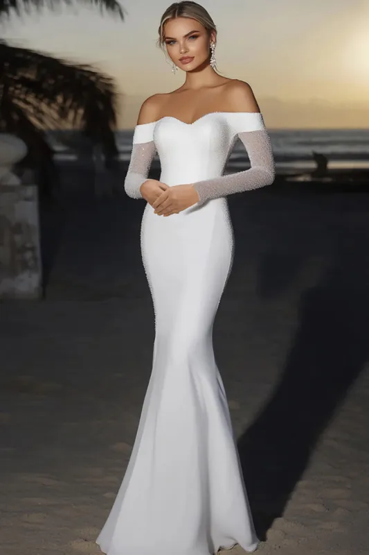 Elegant Ivory Satin Off the Shoulder Mermaid Long Wedding Dress with Long Sleeves sold by Zapaka