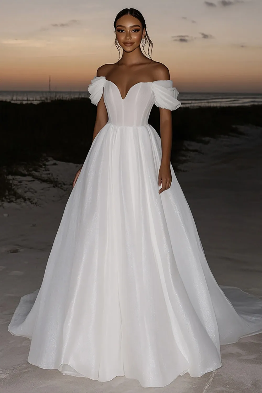 Elegant Ivory Off the Shoulder Organza A-Line Long Wedding Dress sold by Zapaka