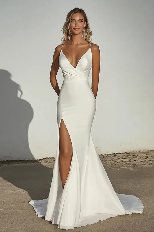 Elegant Ivory Off the Shoulder Satin Mermaid Ruched Long Wedding Dress with Slit sold by Zapaka