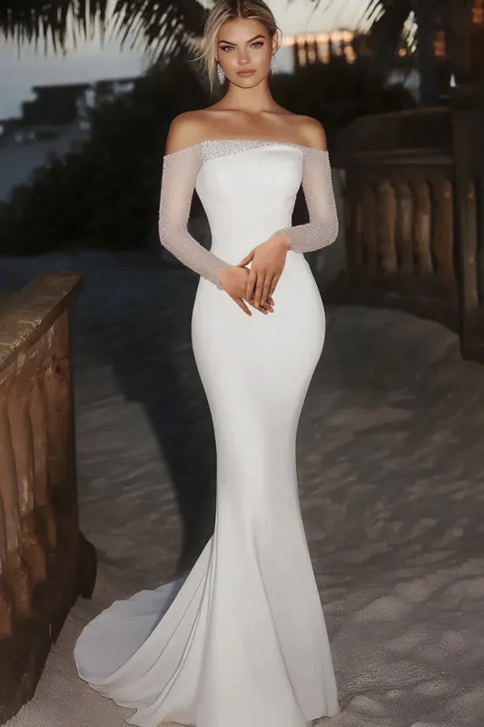 Elegant Ivory Off the Shoulder Beaded Mermaid Long Wedding Dress with Long Sleeves sold by Zapaka