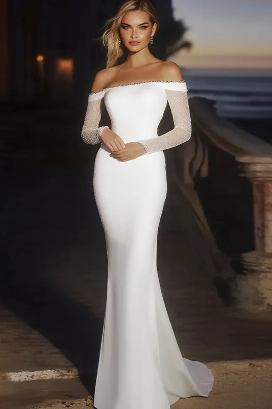Elegant Ivory Satin Off the Shoulder Mermaid Long Wedding Dress with Long Sleeves sold by Zapaka