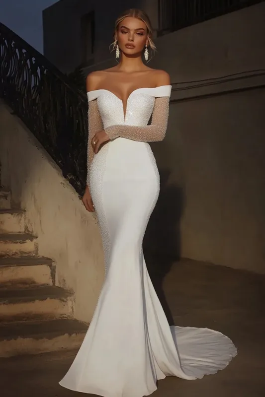 Elegant Ivory Off the Shoulder Mermaid Long Wedding Dress with Long Sleeves sold by Zapaka