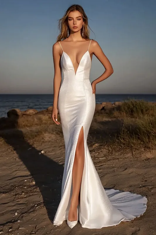 Elegant Ivory Spaghetti Straps Mermaid Long Wedding Dress with Slit sold by Zapaka