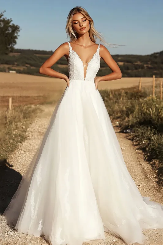 Delicate Ivory V Neck Tulle A Line Lace Applique Wedding Dress sold by Zapaka