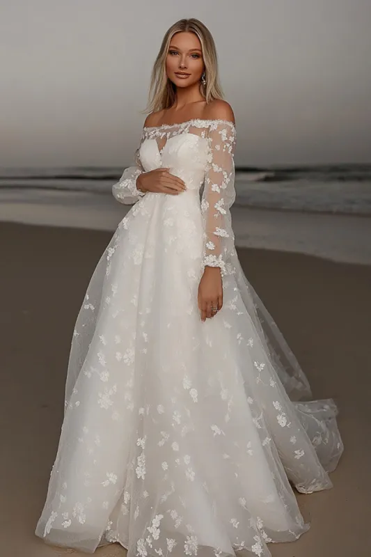 Elegant Ivory Lace A Line Off the Shoulder Wedding Dress with Long Sleeves sold by Zapaka