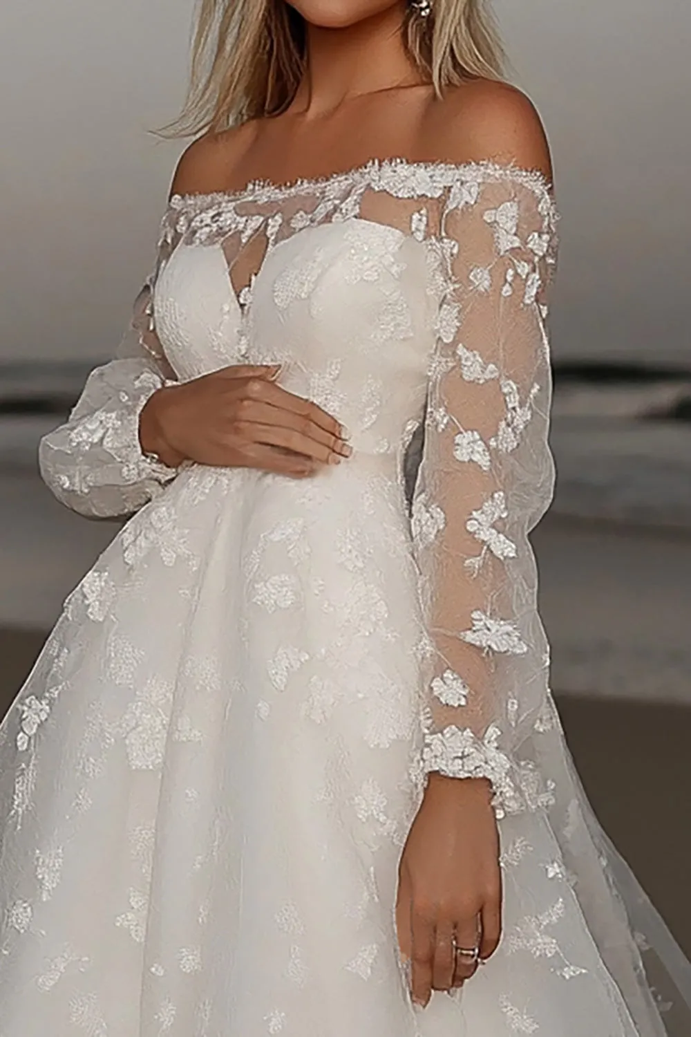 Elegant Ivory Lace A Line Off the Shoulder Wedding Dress with Long Sleeves sold by Zapaka product image thumbnail 2