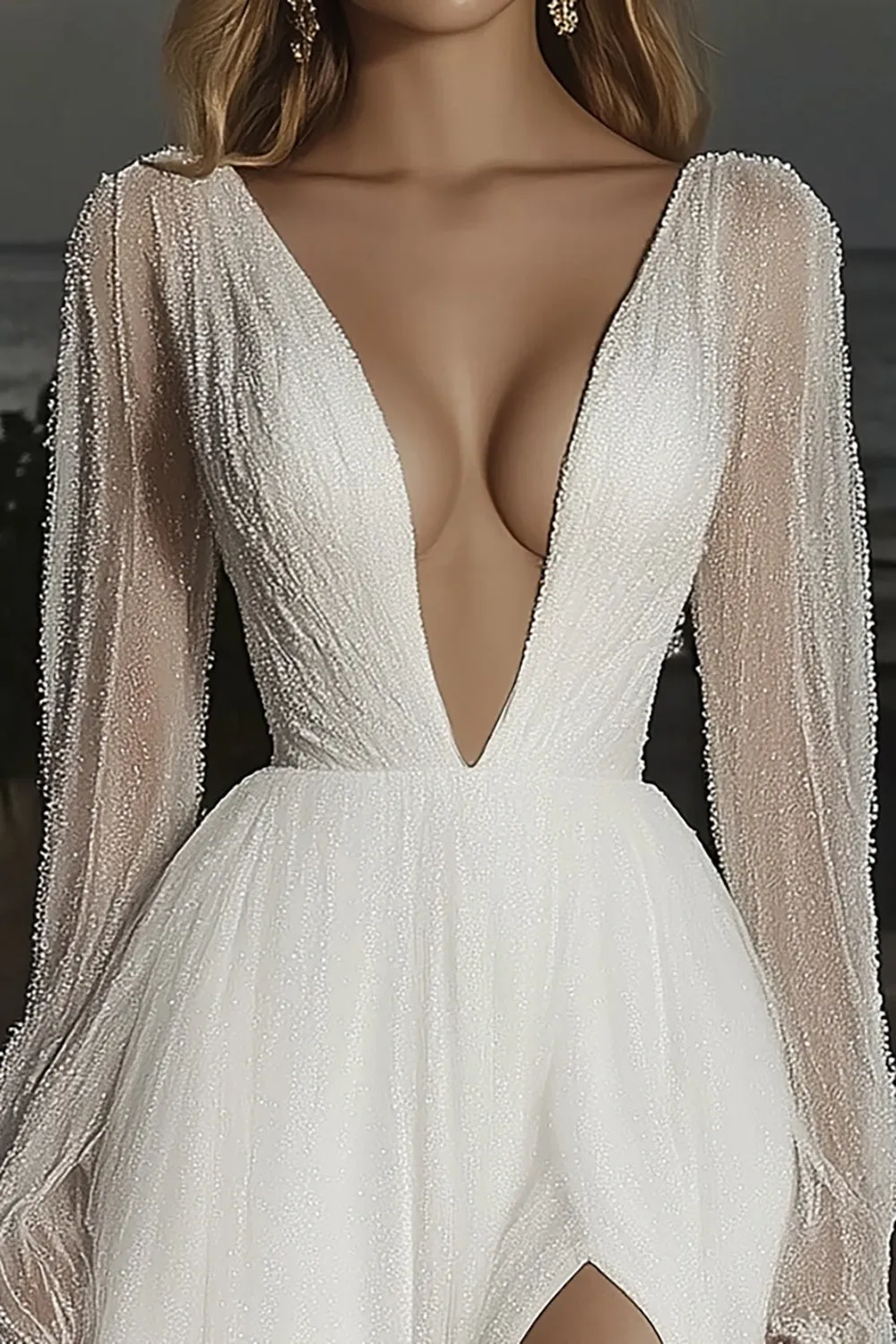 Elegant Ivory Deep V-neck A-Line Applique Tulle Long Wedding Dress with Slit sold by Zapaka product image thumbnail 2