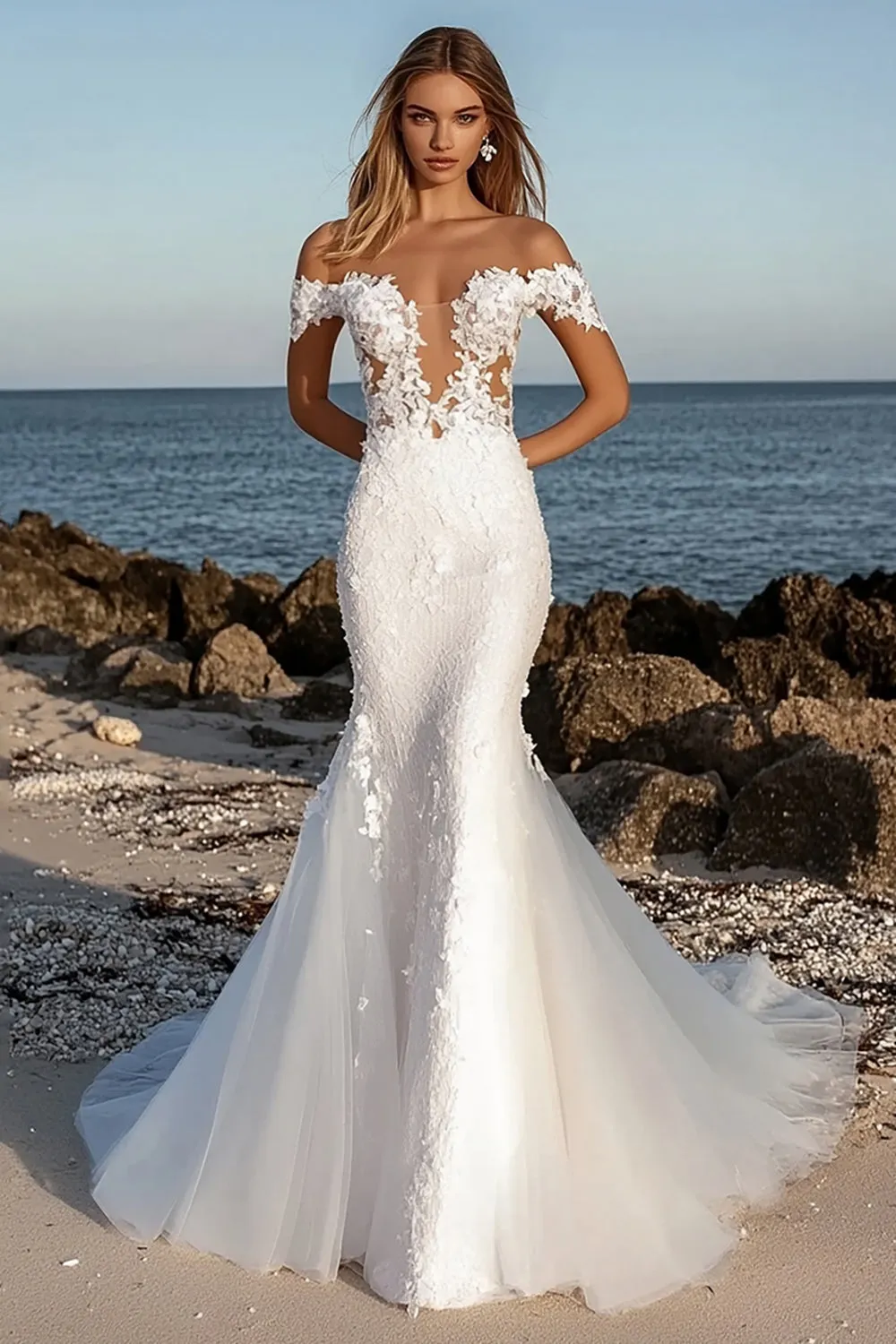 Elegant Ivory Off the Shoulder Mermaid Tulle Long Wedding Dress with Lace Applique sold by Zapaka