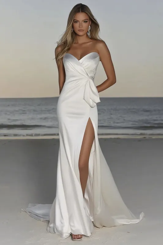Ivory Sheath Sweetheart Ruched Satin Wedding Dress with Slit sold by Zapaka