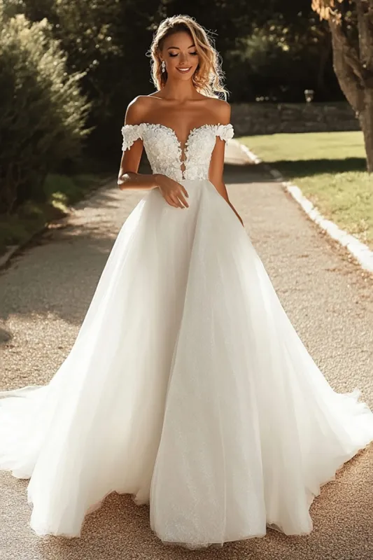 Glitter A Line Off the Shoulder Tulle Ivory Wedding Dress with Appliques sold by Zapaka