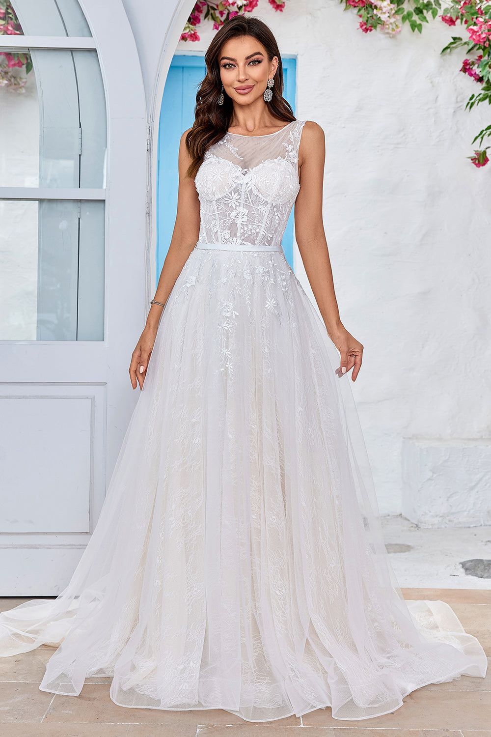 Chraming A Line Square Neck Champagne Tulle Wedding Dress with Lace sold by Zapaka product image thumbnail 4