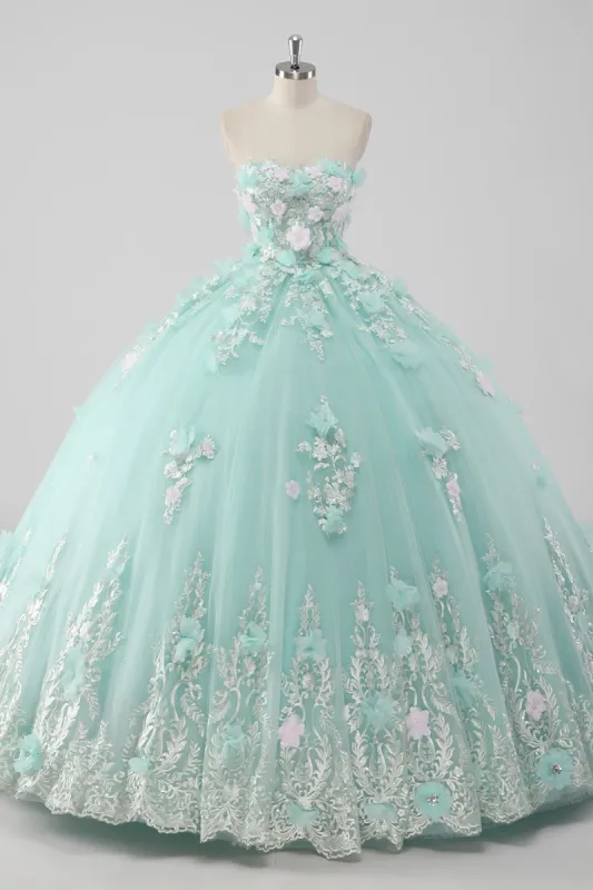 Princess Mint Ball Gown Strapless Tulle Quinceanera Dress with 3D Flowers made by Zapaka