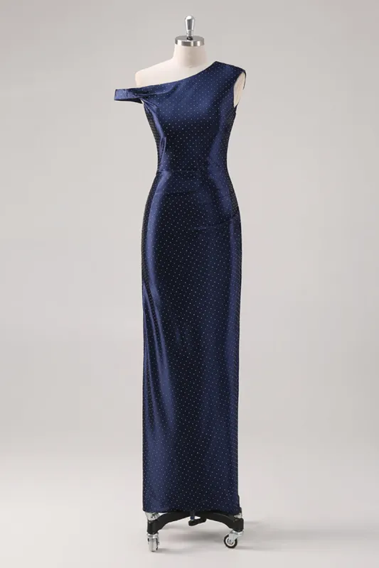 Navy Sheath One Shoulder Beaded Formal Dress made by Zapaka
