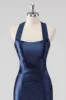 Navy Halter Beaded Mermaid Ruffles Long Formal Dress sold by Zapaka