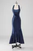 Navy Halter Beaded Mermaid Ruffles Long Formal Dress sold by Zapaka