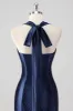 Navy Halter Beaded Mermaid Ruffles Long Formal Dress sold by Zapaka