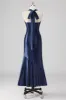 Navy Halter Beaded Mermaid Ruffles Long Formal Dress sold by Zapaka