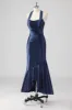 Navy Halter Beaded Mermaid Ruffles Long Formal Dress sold by Zapaka