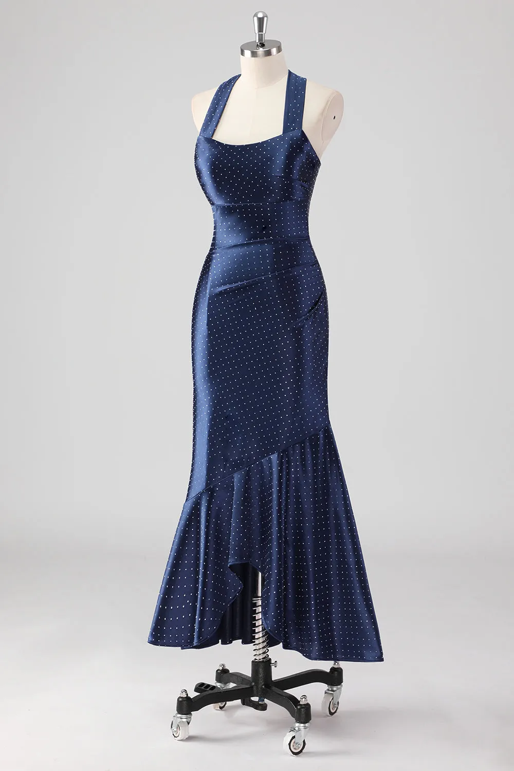 Navy Halter Beaded Mermaid Ruffles Long Formal Dress sold by Zapaka product image thumbnail 3