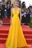 Yellow A Line Deep V-Neck Ruched Chiffon Gala Dress sold by Zapaka