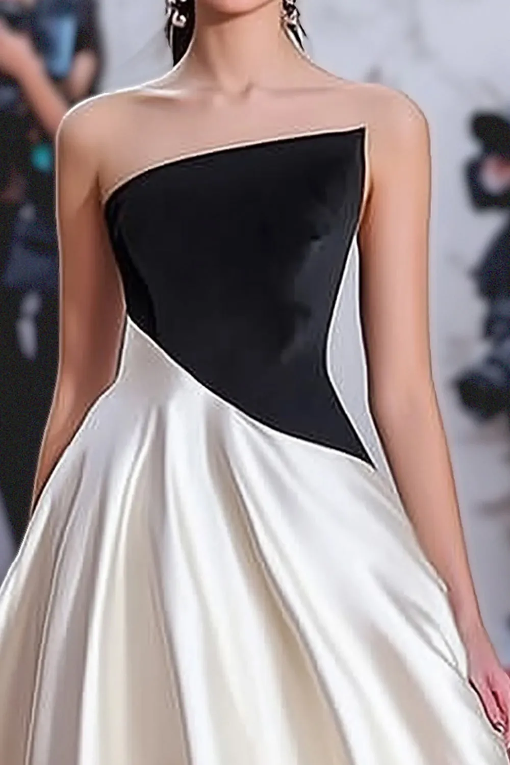 Black White A Line Strapless Satin Ruched Gala Dress sold by Zapaka product image thumbnail 2