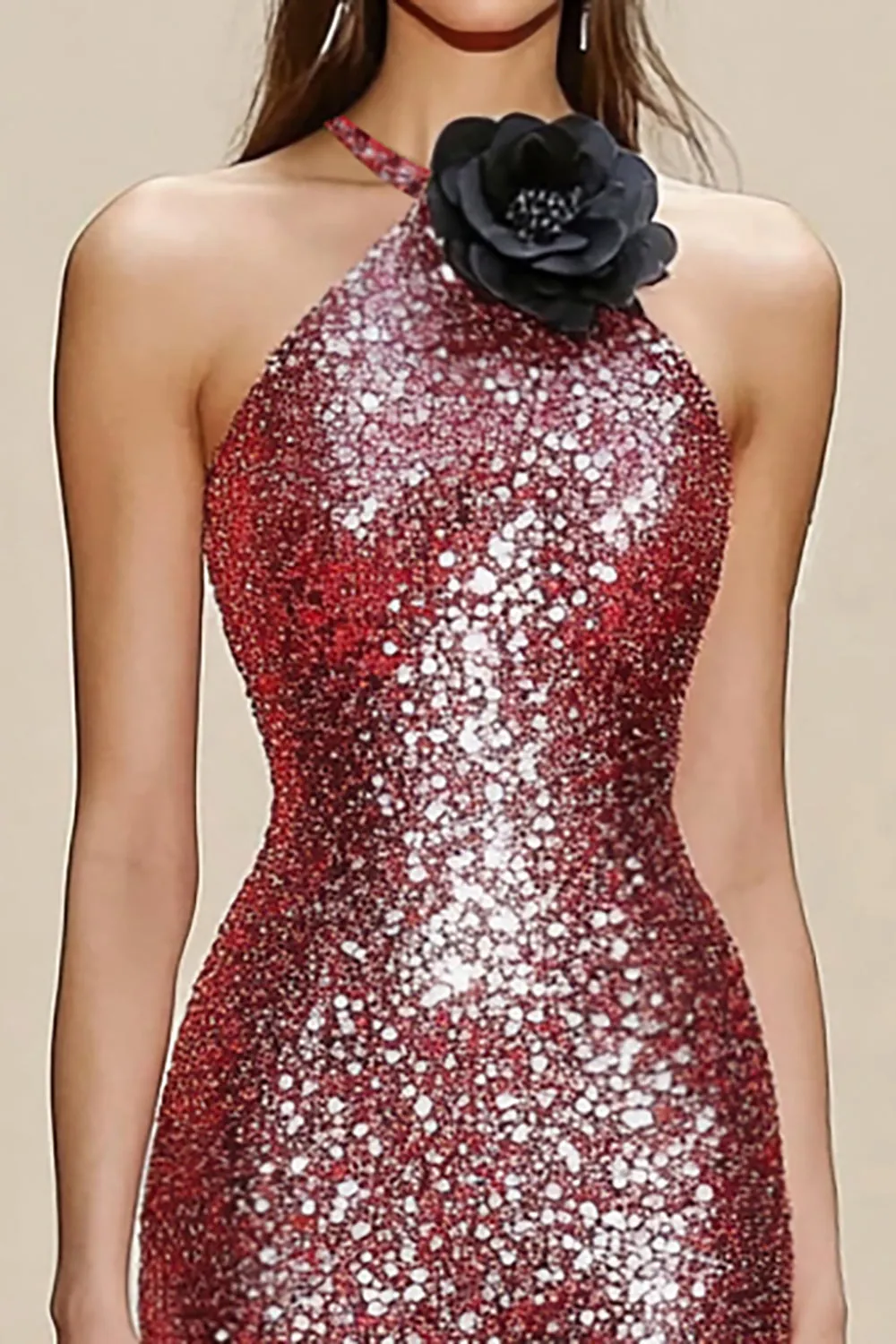 Sparkly Red Halter Mermaid Gala Dress with 3D Flowers sold by Zapaka product image thumbnail 2