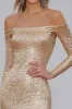 Champagne Off The Shoulder Sequins Sheath Gala Dress With Long Sleeves sold by Zapaka