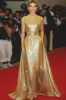 Metallic Satin A Line Gold Scoop Neck Belted Long Gala Dress sold by Zapaka