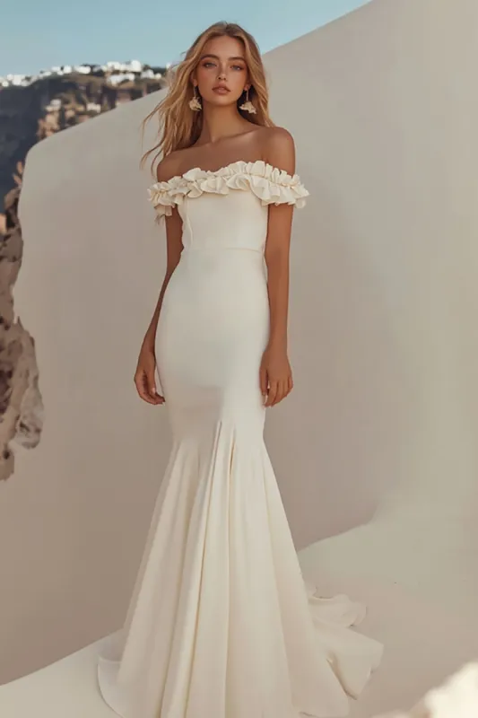 Floor Length White Off The Shoulder Sheath Graduation Dress sold by Zapaka