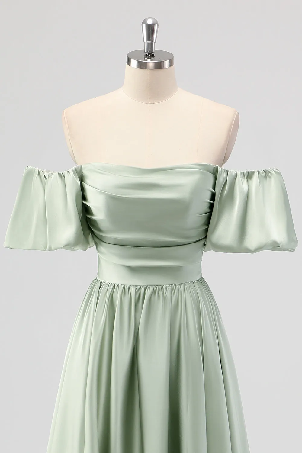 Sage Green A-Line Off the Shoulder Satin Tea Length Bridesmaid Dress sold by Zapaka product image thumbnail 4