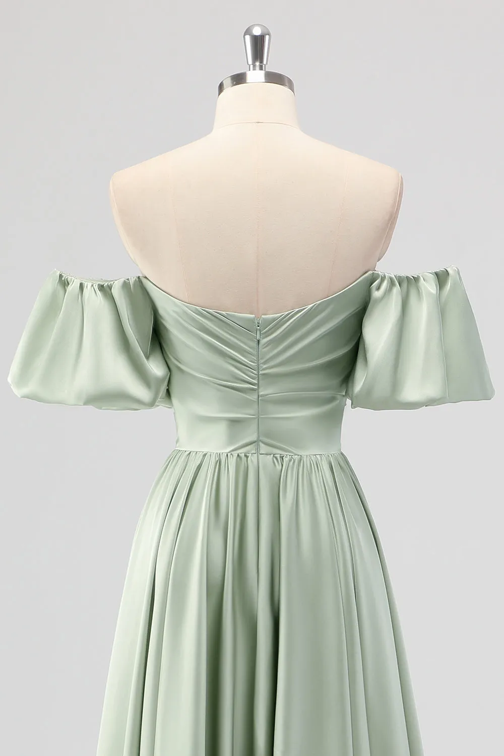 Sage Green A-Line Off the Shoulder Satin Tea Length Bridesmaid Dress sold by Zapaka product image thumbnail 5