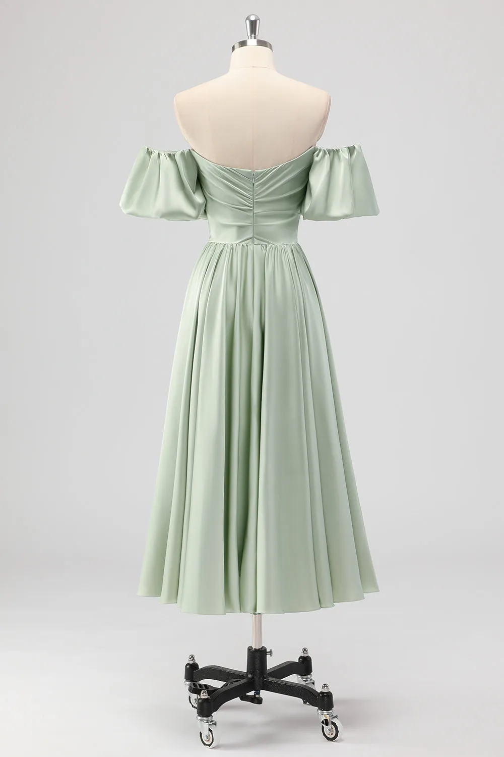 Sage Green A-Line Off the Shoulder Satin Tea Length Bridesmaid Dress sold by Zapaka product image thumbnail 2