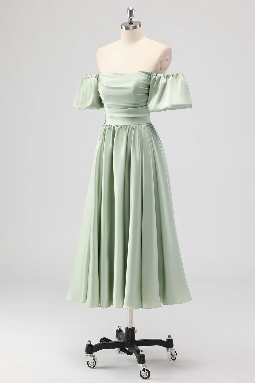Sage Green A-Line Off the Shoulder Satin Tea Length Bridesmaid Dress sold by Zapaka product image thumbnail 3