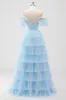Sky Blue Off The Shoulder Tiered Corset A Line Bridesmaid Dress sold by Zapaka