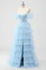 Sky Blue Off The Shoulder Tiered Corset A Line Bridesmaid Dress sold by Zapaka