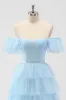 Sky Blue Off The Shoulder Tiered Corset A Line Bridesmaid Dress sold by Zapaka