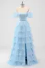 Sky Blue Off The Shoulder Tiered Corset A Line Bridesmaid Dress sold by Zapaka