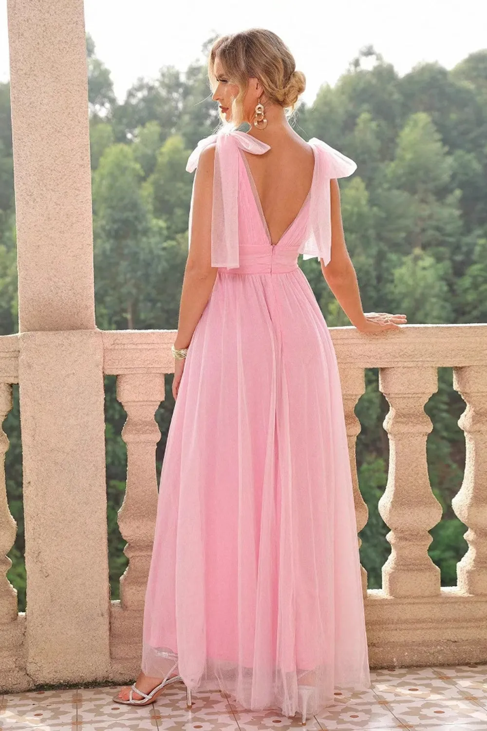 A Line Blush Pink Spaghetti Straps Pleated Bridesmaid Dress with Slit sold by Zapaka product image thumbnail 2