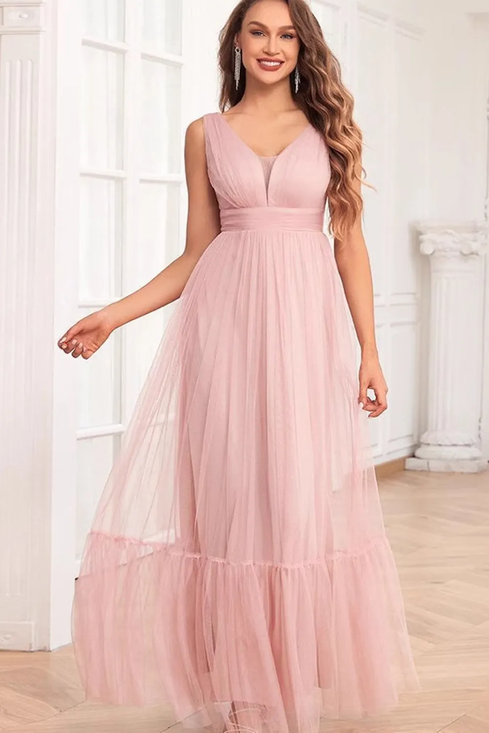 Spaghetti Straps Blush Pink Ruffles A Line Long Bridesmaid Dress sold by Zapaka product image thumbnail 4