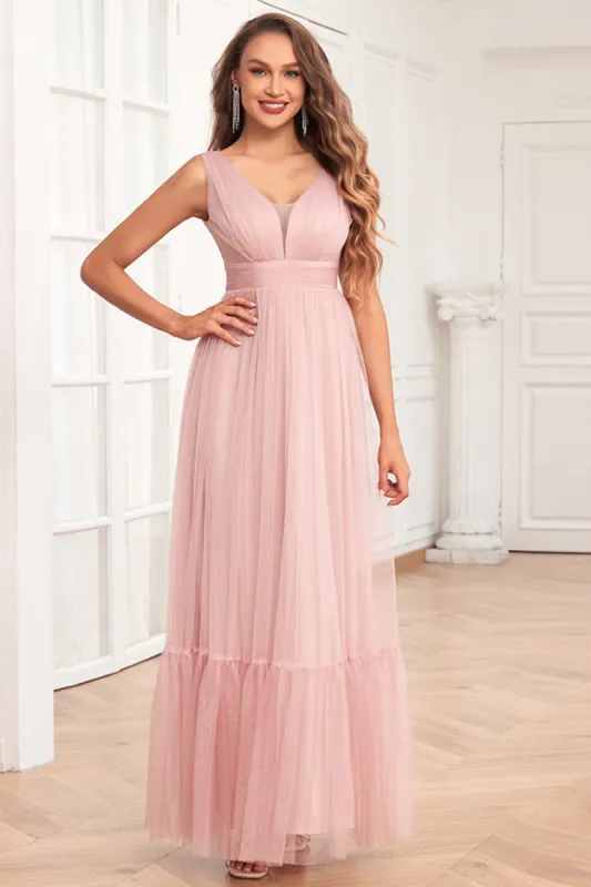 Spaghetti Straps Blush Pink Ruffles A Line Long Bridesmaid Dress sold by Zapaka