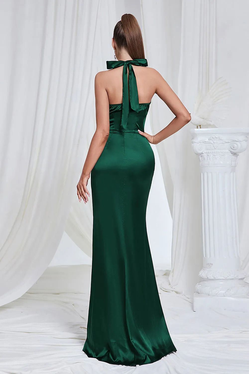 Mermaid Ruched Halter Pine Satin Bridesmaid Dress with Slit sold by Zapaka product image thumbnail 2