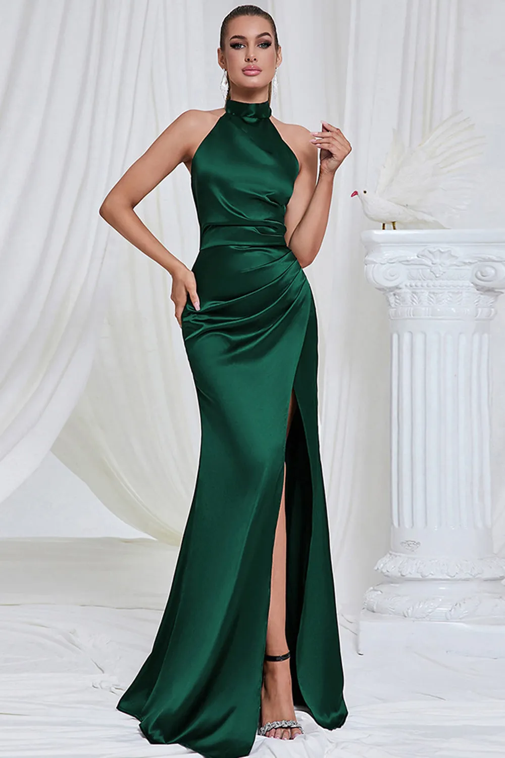 Mermaid Ruched Halter Pine Satin Bridesmaid Dress with Slit sold by Zapaka