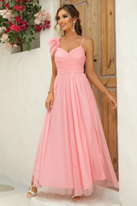Blush Removable Straps A Line Pleated Bridesmaid Dress with Slit sold by Zapaka