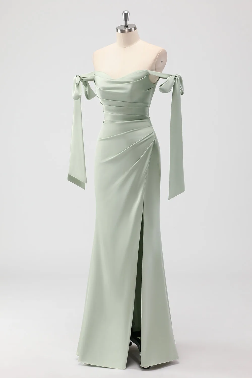 Sage Green Off The Shoulder Mermaid Ruched Long Bridesmaid Dress sold by Zapaka product image thumbnail 3