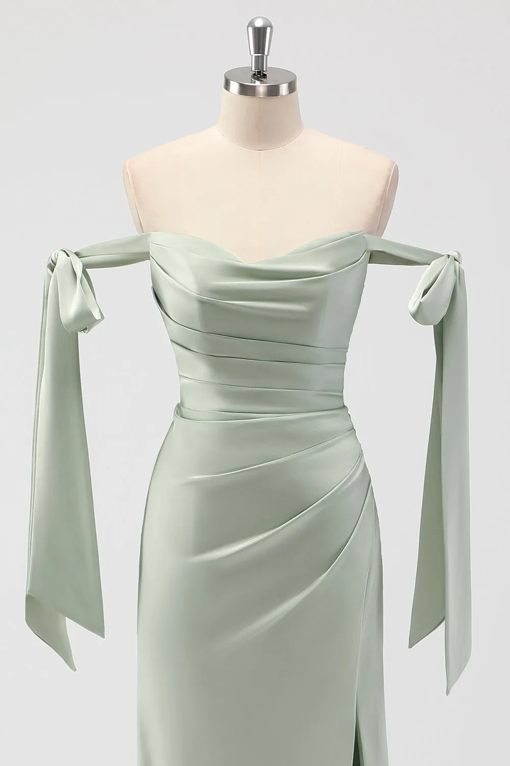 Sage Green Off The Shoulder Mermaid Ruched Long Bridesmaid Dress sold by Zapaka product image thumbnail 4