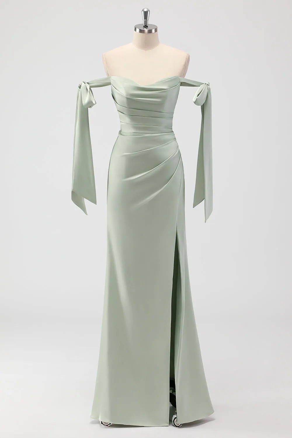 Sage Green Off The Shoulder Mermaid Ruched Long Bridesmaid Dress sold by Zapaka